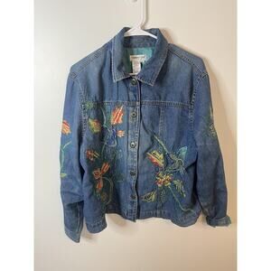 Coldwater Creek Denim Jacket Womens XL Blue Embroidered Floral Butterfly Boho